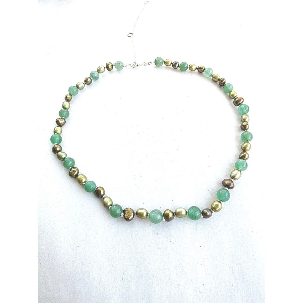 New Handmade Jade Aventurine Pearl Choker Necklace Sterling Silver 925 Green